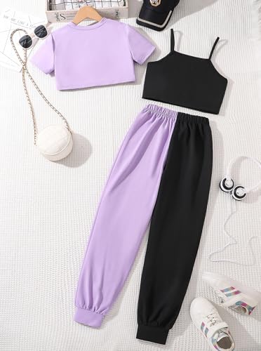 Image of Girls' Summer 3 Pieces Outfits Graphic Crop Top and Camisole with Sweatpants Set Purple 7-8Y