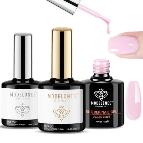 Image of modelones Builder Nail Gel with Gel Base Top Coat, 3Pcs Baby Pink Builder Nail Kit for Apex Building Extension Thickening Strengthener High Gloss Shiny, U /V LED Lamp Cured for Home DIY Salon Girls