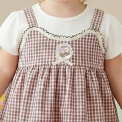Image of A.T.U.N. (ALL THINGS UBER NICE) Baby Girls Checked Pinafore Style Dress with Inner Tee Short Sleeves | Soft Cotton Fabric | Decorative Front Bow Detail | Stylish Casual for Babies