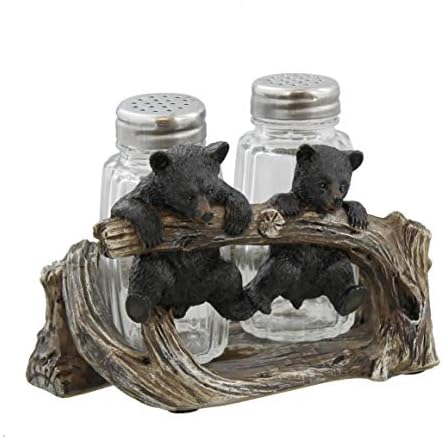 De Leon Collections Polyresin 2 Cute Woodland Black Bear Cubs Playing on Branch Rustic Cabin Salt and Pepper Shaker Holder Set image 3