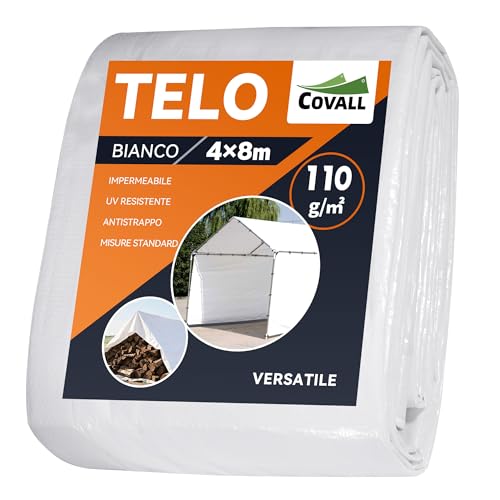 COVALL Telone Impermeabile per Esterno 4x8 m, Telo Occhiellato Rinforzato in HDPE 110g/㎡, Copertura per Piscina Auto, Mobili da Giardino, Antipioggia e Antivento, Bianco