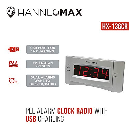 Hannlomax Hx-136Cr Alarm Clock Radio, Pll Fm Radio, Dual Alarm. 0.9 Inches Red Led Display, Usb Port For 1A Charging (Silver) #TOP4
