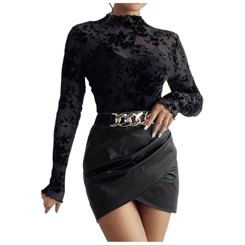 Haut Dentelle Femme Manche Longue, Top Sexy Col Montant-Tunique Grande Taille Transparent Tee Shirt Moulant Slim Fit Chic Et ÉLéGant Casual Classique...