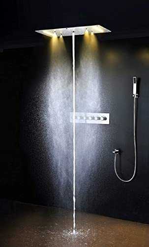 Cascada Luxurious Recessed Large 15" x 28" LED Waterfall Rainfall Shower System con 4 tipos de lluvia (Lluvia+Cortina de lluvia+SPA nebulización+Masaje) (HDD710) (Níquel cepillado)