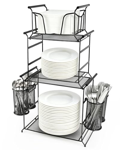 HULISEN 3-Tier Buffet Caddy, 7-Piece Set Stackable Paper Plate and Utensil Holder for Party, Detachable Mesh Silverware Organizer for Countertop, Metal Serving Station for Hosting Party Essentials
