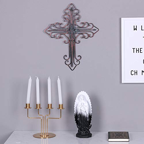 Zksanmer Antique Wall Mount Layered Cross, Metal Scrolled Wall Art Wall Sculptures Cross With Hook, Decorative Iron Hanging Cross Home Decor, 14.2" X 17.3", Copper Brown #TOP5