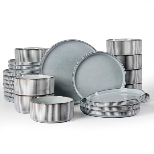 Image of Famiware Star 24-Piece Plates and Bowls Set with Trim, Service for 8 - Stoneware Reactive Glaze Dinnerware, High Edge Ribbed Dishes, Chip & Scratch Resistant, Microwave & Dishwasher Safe, Smoky Blue