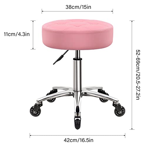 Wkwker Heavy Duty Rolling Stool With Wheels Hydraulic Swivel Adjustable Rolling Stool Ergonomic Thick Leather Round Seat Stool Chair For Kitchen Drafting Lab Office Salon Message Stool – Pink #TOP2
