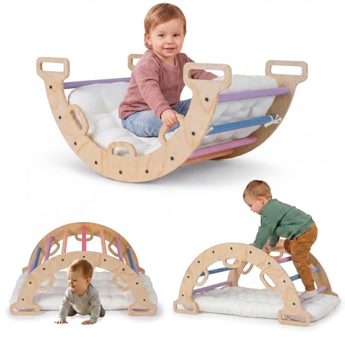 Costzon Wooden Rocking Climbing Arch w/Cushion 3-in-1 Montessori Kids Climber Rocker for Toddlers Playground Climbing Ladder Toy Indoor Gym Learning Playset for Boys Girls Ages 1+ (Multi-Color)