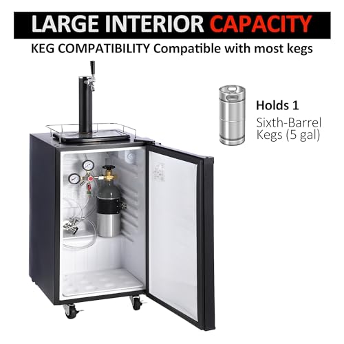 Image of PioneerWorks Beer Kegerator, Single Tap Draft Beer Dispenser, Full Size Stainless Steel Keg Refrigerator With Drip Tray, CO2 Cylinder, 32F- 50F Temperature Control