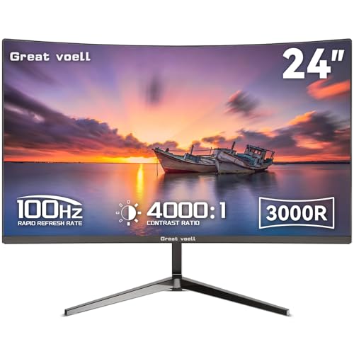 Great voell Ecran PC Gamer Incurvé 24 Pouces, 100 Hz, HDR10 (Full HD 1080P, 1920 x 1080), FreeSync, VA, 4000:1 Kontrastverhältnis, Couleur Noir