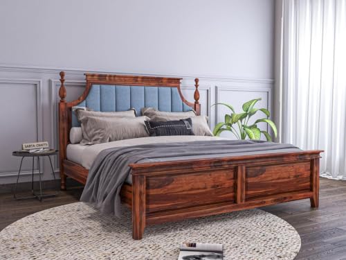 Craft Solid Sheesham Wood Low Height King Size Bed Without Storage | Wooden Double Bed | Low Floor/Lying/Rise/Level/Profile Cot with Blue Upholstered Cushioned Headboard, Honey-B25