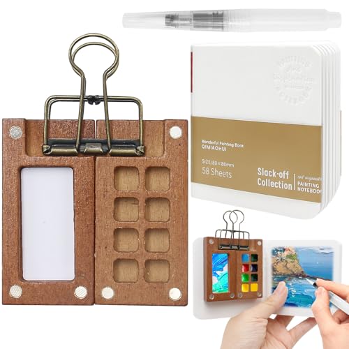 Mini Aquarell Set, Taschen-Aquarellset inklusive Skizzenbuch und Holzpalette mit 8 Fächern, Aquarellpapier-Tagebuch, Stifte und Klemmen für Schüler, Maler und Künstler