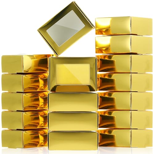 Zonon 30 Pcs Soap Boxes for Homemade Packaging Mini Kraft Boxes with Window for Bakery Candy Soap Making Gift Packaging 3.7x2.6x1.4 Inch (Gold)