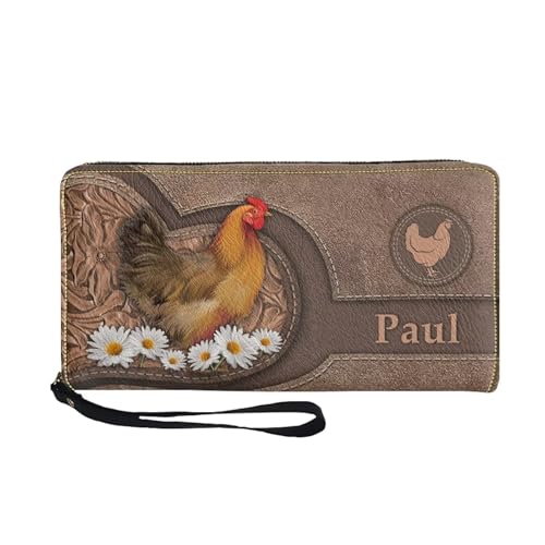 Image of Bulopur Custom Name Wallet for Women Daisy Chicken Wristlet Wallet Large Capacity PU Leather Zip Around Wallet Clutch Purse for Cash /Card /Coin /Smart Phone Envelope Long Wallets Travel Passport Holder