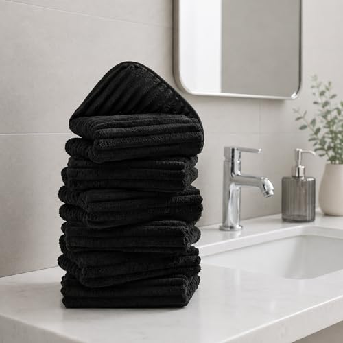 Image of 6 Pack Hand Towels, 16 inchx28 inch Microfiber Towels, Black | Soft touch feel, quick dry, Highly Absorbent, hanging loop, lint free, durable for daily bathroom, gym, spa, kitchen use