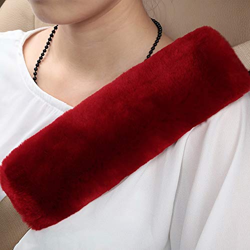 Image of 2 Pack Red Sheepskin Car Seat Belt Cover Pads | Soft Wool Seatbelt Cushions