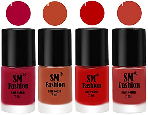 Image of Nail Polish Combo Set (Pack of 4) Quick Dry Gel Finish Nail Paint | Dark Magenta,Light Coral,Red,Dark Peach | 7 ml Each
