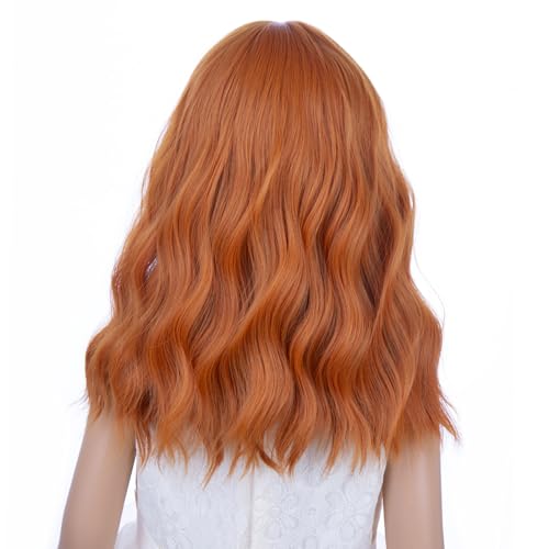 Image of PATTNIUM Kids Orange Wig Child Ginger Wig with Bangs Short Wavy Auburn Wigs for Girls Shoulder Length Heat Resistant Synthetic Wigs