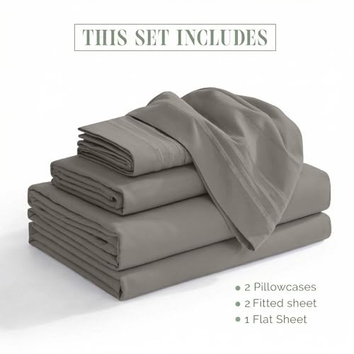 Image of Elegant Comfort Luxurious 1500 Premium Hotel Quality Microfiber Three Line Embroidered Softest 5-Piece Bed Sheet Set, Wrinkle and Fade Resistant, Split King, Gray
