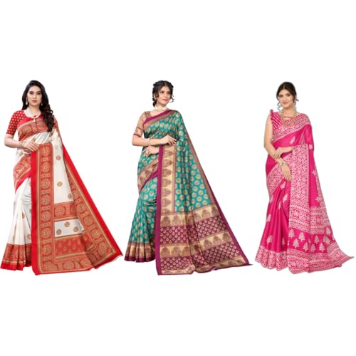 Image of Yashika Women's Sarees Women's Combo Art Silk Printed Saree With Unstitched Blouse Piece |saree for Women | saree combo | New Sari | Saree Pack Of 3