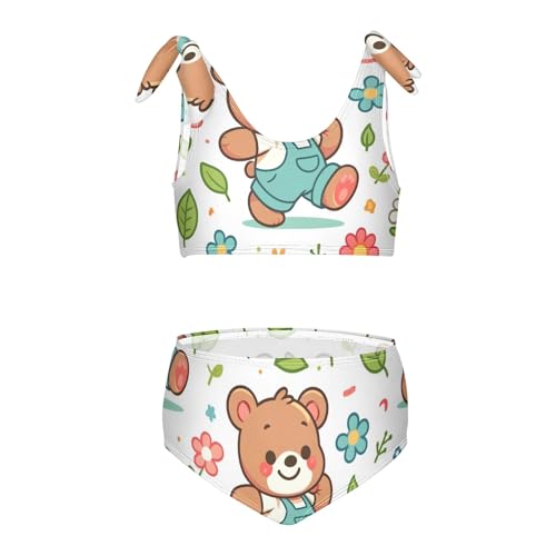 Girls' Bikini Set, Cartoon Bear Flower and Leaf Kids Swimsuit 2 Pcs Beach Bathing Suit
