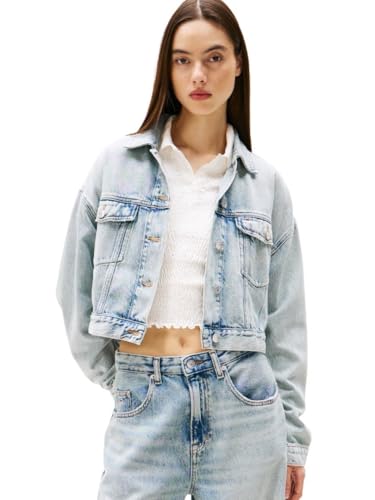 Tommy Jeans Jaqueta jeans feminina leve estilo caminhoneiro, jeans leve, Jeans leve, GG