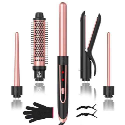5 in 1 Curling Iron, Curling Wand Set with Hair Straightener, Curling Brush & 3 Interchangeable Ceramic Curling Wand (0.35'-1'), Fast Heat Hair Crimper, Dual Voltage Hair Curler, Glove, 2 Clips