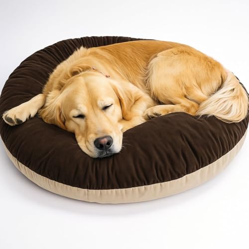 Image of The Pets Company Calming Dog & Cat Bed | Soft Fluffy Donut Reversible, Washable Pet Bed for Puppies | Cozy Plush Anti-Anxiety Cushion |, (L-34 Inch x B-34 Inch x H-5.5 Inch), Brown & Beige-Large