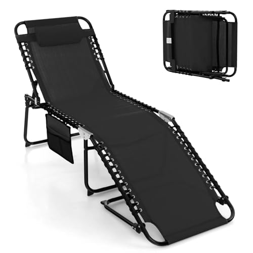 RELAX4LIFE Folding Sun Lounger, 4-Level Adjustable Patio Chaise Lounge Zero Gravity Reclining Chair with Removable Headrest & Side Pocket, Portable Outdoor Recliner Sunbed for Garden Beach (Black)