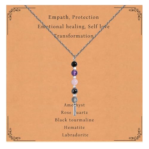 Empath Protection Healing Crystal Necklace Black Tourmaline Hematite Rose Quartz Amethyst Labradorite Necklace Spiritual Crystal Natural Stone Beaded Necklace Jewelry Gifts For Women