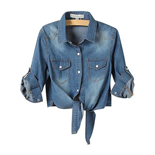 AMEBELLE Women's Roll Up 3/4 Sleeve Tie Front Knot Shirt Chambray Denim Crop Top (Dark Blue, XL)