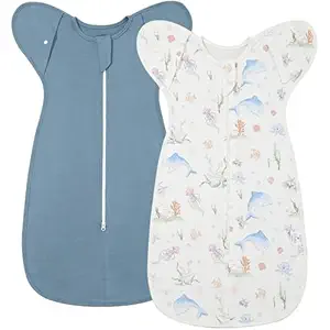 2-Pack Baby Transitional Swaddle Sleep Sack - Arms Up Swaddle 6-9 Months for Baby Boys, Newborn Sacks with Cuff Removable & 2-Way Zipper, Blue Dolphin Cotton Sleep Sack