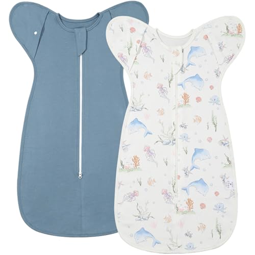 2-Pack Baby Transitional Swaddle Sleep Sack - Arms Up Swaddle 6-9 Months for Baby Boys, Newborn Sacks with Cuff Removable & 2-Way Zipper, Blue Dolphin Cotton Sleep Sack