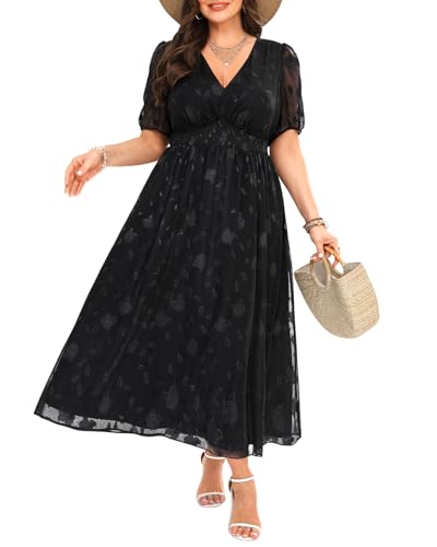 Image of Pinup Fashion Plus Size Wedding Guest Chiffon Semi Formal Maxi Dress | Chiffon, V-neckline, short sleeves, shirred waist, textured floral pattern, maxi length, versatile for all seasons
