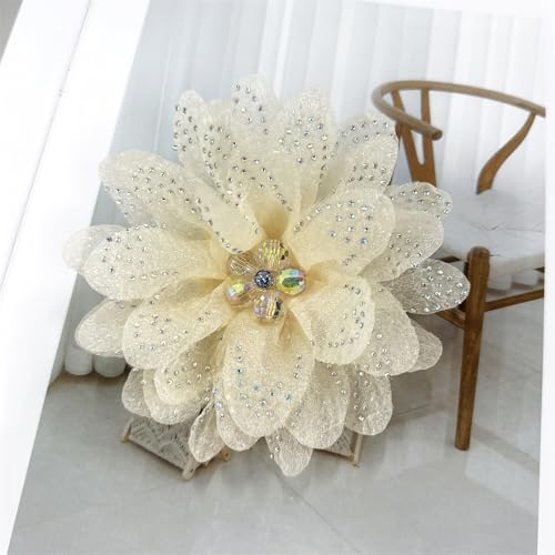 Image of Rhinestones Flower Fabric Big Brooches Lapel Pins for Women Elegant Organza Floral Brooch Pin for Dresses Suit Wedding Banquet Clothes Accessories Fashion Jewelry 130mm