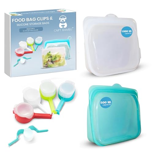 Silicone Food Storage Bags & Bag Clips with Pour Spout - Pack of 6 - Reusable, BPA-Free, Leak Proof Zip Bags – Freezer, Microwave & Dishwasher Safe – Airtight Food Storage & Sealing Clips for Snacks