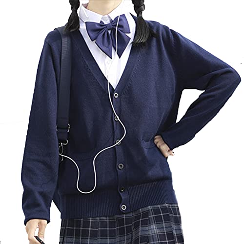 Image of Blostirno Women's Cardigan School Uniform Sweater Cardigans V-Neck Long Sleeve Button Down Knit with Pockets