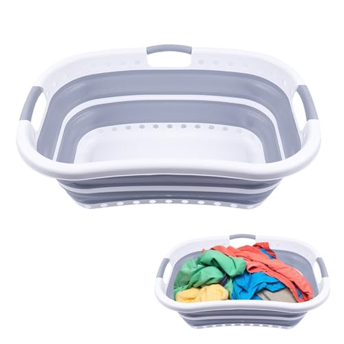 Grey Plastic Laundry Basket Bundle - Collapsible Clothes Storage Hamper Kit, Foldable Washing Basket Set for Home Organization