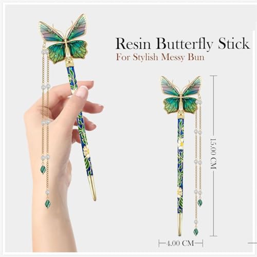 Image of HAIR WALA Decorative Butterfly Hair Juda Stick with Pearl Beads, Green and Gold Traditional Japanese Hair Pin, Floral Design