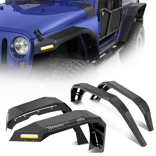 Image of Nilight JK Wide Flat Front & Rear Fender Flares Fit for 2007 - 2018 Jeep Wrangler JK 2Door (Not fit 4 Door) 4Pcs Off-Road Wheel Fenders Mud Guards w /LED Lights Turn Signal Lights DRL, heavy-duty steel