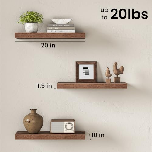 Image of Fun Memories 10 inch Deep Floating Shelves with Invisible Brackets, 20 inch Wall Shelves for Bathroom Bedroom Living Room, Modern Rustic Shelves for Home Decor, 20 inch W x 10 inch D x 1.5 inch H, Set of 3, Brown
