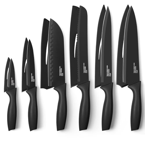 Homikit 6 Pieces Kitchen Knife Set with 6Pcs Covers, Stainless Steel Sharp Knives Including Paring, Utility, Bread, Slicing, Santoku & Chef Knife, Non-Stick Coating & Easy Clean - Black Homikit 6 Pieces Kitchen Knife Set with 6Pcs Covers, Stainless Steel Sharp Knives Including Paring, Utility, Bread, Slicing, Santoku & Chef Knife, Non-Stick Coating & Easy Clean - Black