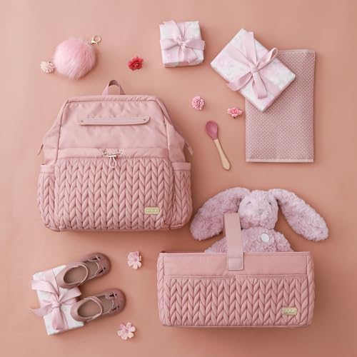 LUKJOJO Amanda Lightweigt Diaper Bag Backpack For Mom, Large Opening Travel Essentials Baby Bag, Multi Function Diaper Bag with with Changing Pad,Stroller Clips, Perfect Baby Shower Gifts(Dusty Rose)