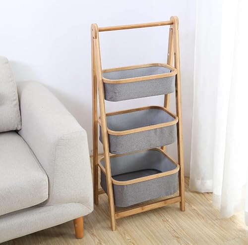 Image of Lukzer 3 Layer Foldable Bamboo Storage Rack with Fabric Baskets - Multipurpose Eco-Friendly Space-Saving Ladder Shelf Organizer for Laundry, Bathroom, Bedroom, Living Room & Closet (Grey) CH-151