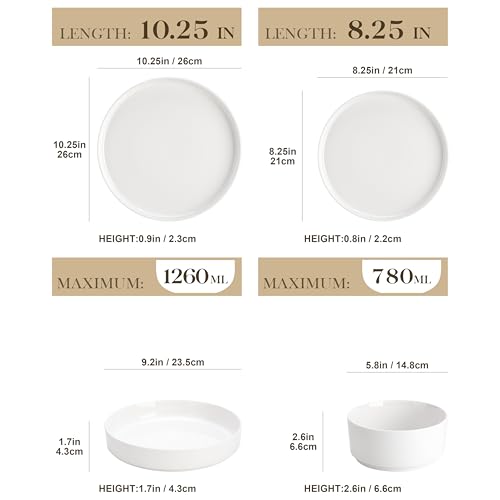 MALACASA Servizio di Piatti in Porcellana per 6 Persone, 24 Pezzi con Piatti Piani ∅ 26 cm e Piatti da Dessert ∅ 21 cm, Ciotole per Cereali da 760 ml e per Pasta da 1240 ml, Colore Bianco, Serie LEAH - immagine 3