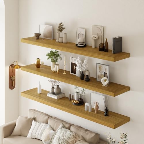 Image of 60 inch Extra Deep Floating Shelves, Set of 3, Natural Wood | 60 inchL x 12 inchD x 1.8 inchH, Set of 3, Solid Paulownia Wood, Natural Clear-Coat Finish, Hidden Brackets, Hardware Included