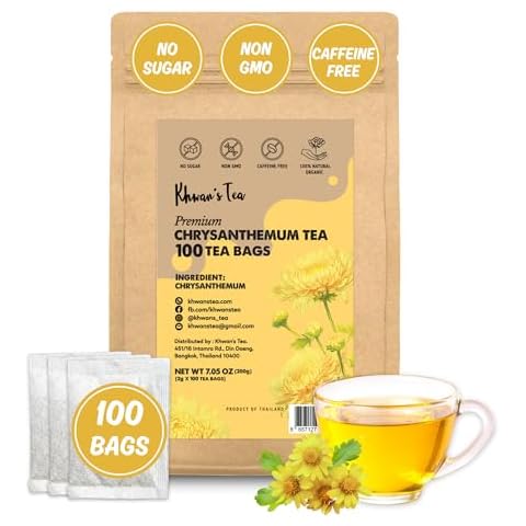 Chrysanthemum Tea Bags 100 count, 7oz - Dried Chrysanthemum Flowers Powder Ground, Flower Tea Bag, Caffeine-Free, Non-GMO, Vegan - From Thailand (2g/Bag) Cover