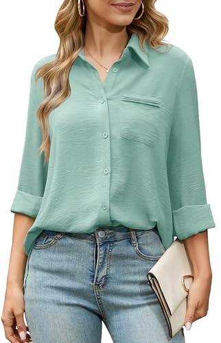 Odosalii Shirt 3/4 Arm Damen, Bluse Elegant V-Ausschnitt, LäSsige Button Down Musselin Baumwolle Oberteile Tunika Hemd Tops School Blouse Schickes Office Elegantes Outfit FrüHlingsoutfits Hellgrün L