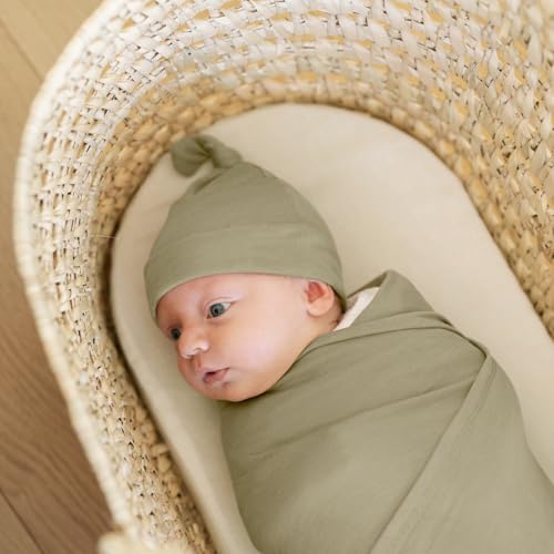 Image of GRSSDER Newborn Swaddle Blanket, Ultra Soft Jersey Receiving Blanket with Matching Headband and Beanie Set 33x44 inch, Stretchy Baby Neutral Swaddle Wrap for Girls and Boys